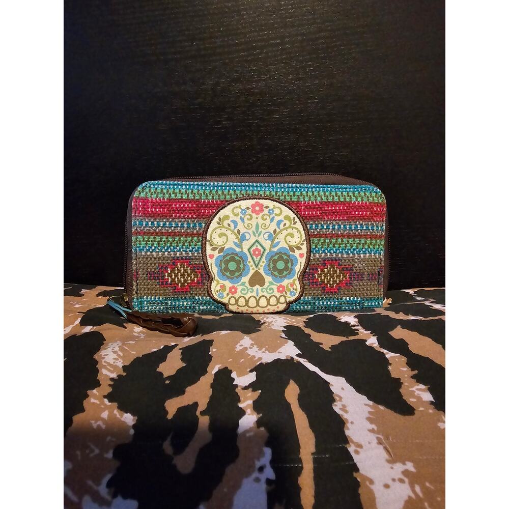 Unbranded boho sugar skull zip wallet woven with patch credit card slots‎